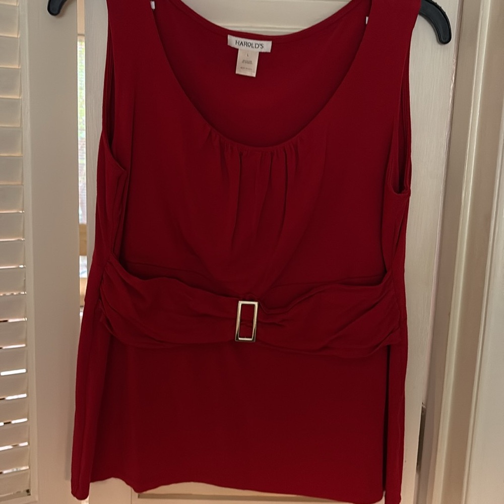 Cute red sleeveless top with belt! Size L. 94% rayon & 6 % spandex. $12